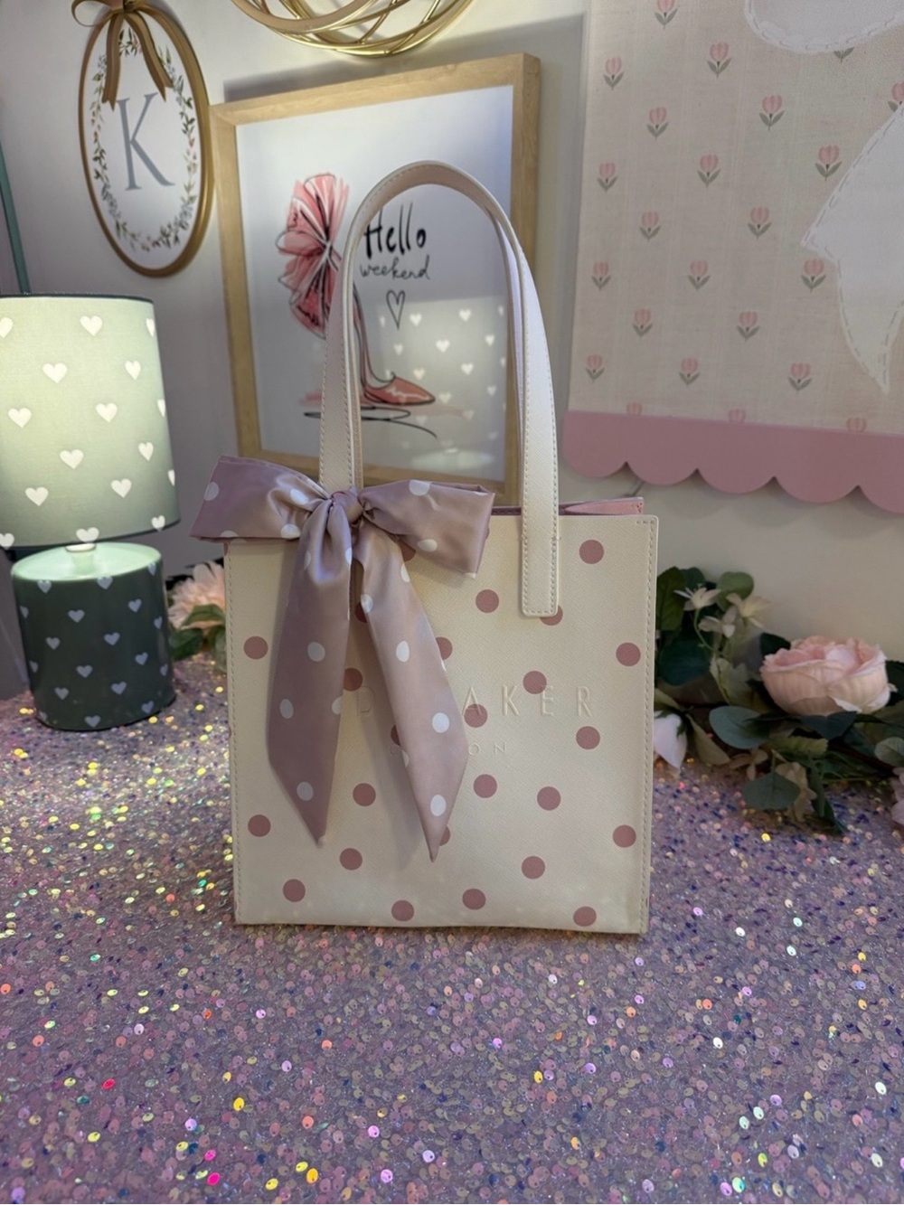 NWT Ted Baker Seacon Small Icon Tote Beige Pink Polka Dot Bow Scarf